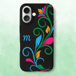 Funda iPhone 16 Monograma defloral<br><div class="desc">Personalice este elegante funda de marca Funda-Mate para su teléfono con su propio monograma. Simplemente edite en el sencillo editor de texto Zazzle. Creado en un patrón de borde de hoja giratoria en negrita, ON BACK con salpicaduras de color brillantes. Para una variedad de modelos. Seleccione el suyo en el...</div>