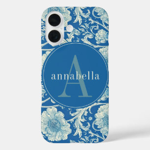 Funda iPhone 16 Monograma del buque William Morris azul vintage