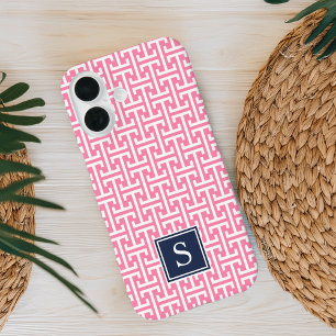 Funda iPhone 16 Monograma del patrón de adormidera rosado y naval