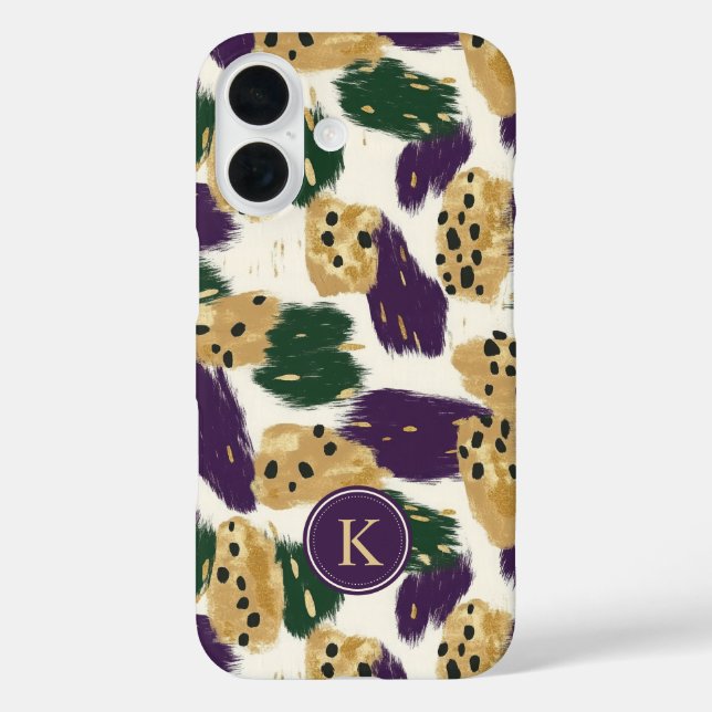 Funda iPhone 16 Monograma del patrón de brochas de oro púrpura ver (Reverso )