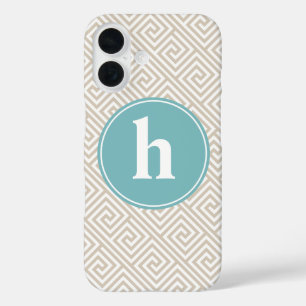 Funda iPhone 16 Monograma del patrón de clave griega de Tan y Aqua