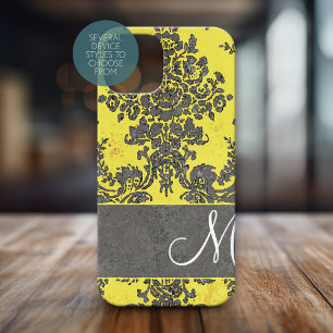 Funda iPhone 16 Monograma del patrón de Damasco blanco gris amaril
