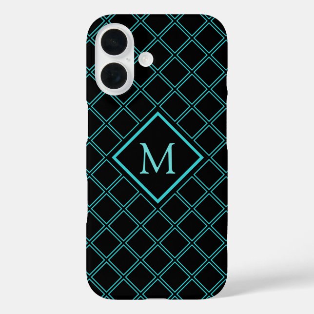 Funda iPhone 16 Monograma del patrón de diamantes azul y negro de  (Reverso )