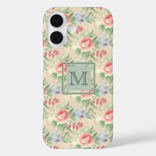 Funda iPhone 16 Monograma del patrón de flor rosa rosa de la cosec