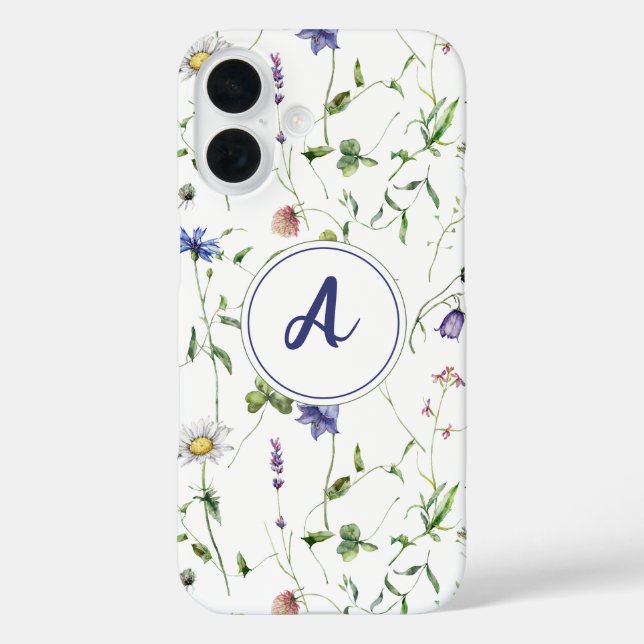 Funda iPhone 16 Monograma del patrón de flor silvestre acuarela (Reverso )