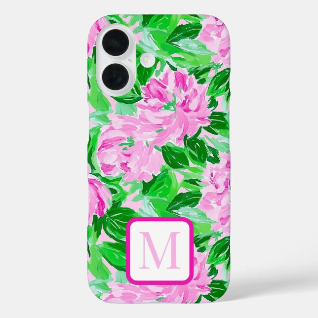 Funda iPhone 16 Monograma del patrón de flores de los pueblos rosa (Reverso )