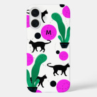 Monograma del patrón de gato y cactus negro modern