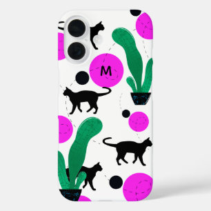 Funda iPhone 16 Monograma del patrón de gato y cactus negro modern