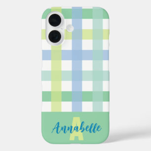 Funda iPhone 16 Monograma del patrón de Gingham de Lime Verde Azul