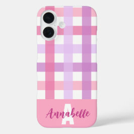 Funda iPhone 16 Monograma del patrón de Gingham púrpura rosa