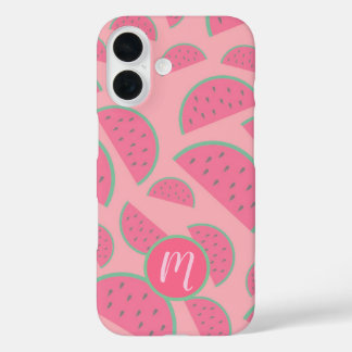 Funda iPhone 16 Monograma del patrón de la sandía rosada