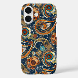 Funda iPhone 16 Monograma del patrón de paisley celeste de oro azu