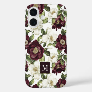 Funda iPhone 16 Monograma del patrón floral de Borgoña