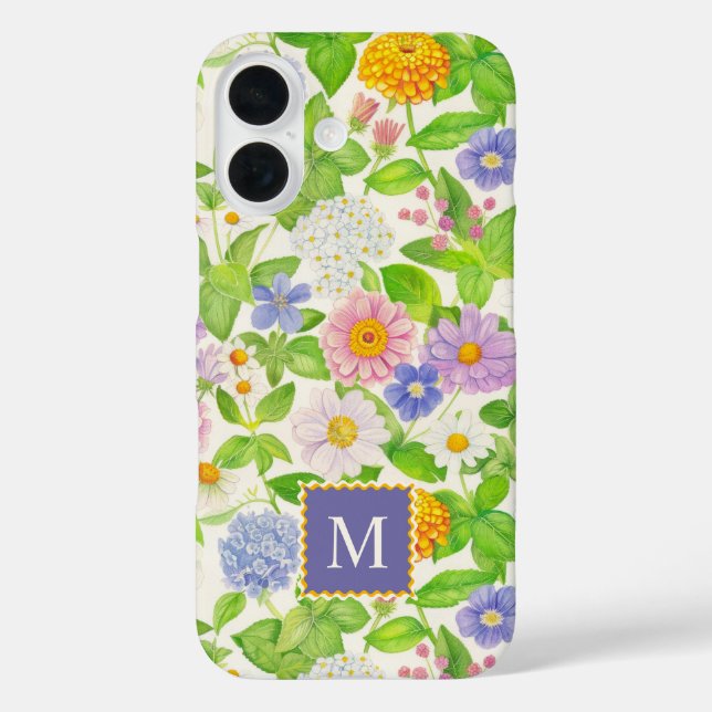Funda iPhone 16 Monograma del patrón floral de flores silvestres c (Reverso )