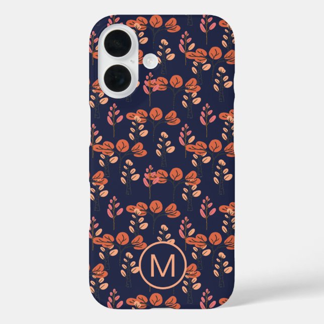Funda iPhone 16 Monograma del patrón floral moderno de la marina y (Reverso )