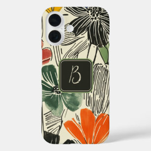 Funda iPhone 16 Monograma del patrón floral negrita