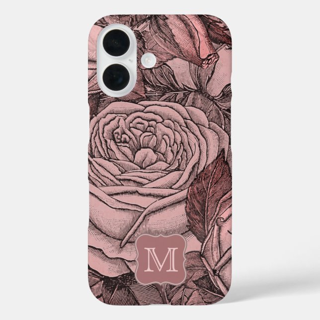 Funda iPhone 16 Monograma del patrón rosa rosa elegante de época (Reverso )