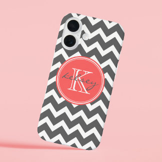 Funda iPhone 16 Monograma del Personalizado de Chevron Gris y Cora