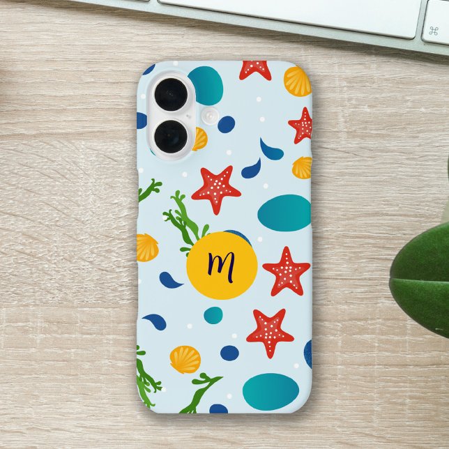 Funda iPhone 16 Monograma del personalizado de colchón de playa de (Custom monogram tropical sea beach with ocean shells, starfish and pebbles iphone mask
)