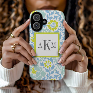 Funda iPhone 16 Monograma del Personalizado de Damasco floral azul
