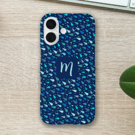Funda iPhone 16 Monograma del personalizado de gotas de lluvia azu