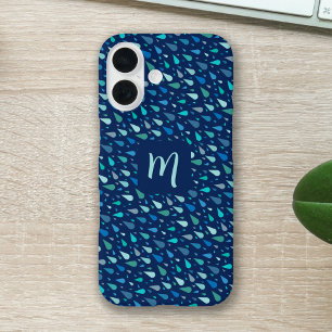 Funda iPhone 16 Monograma del personalizado de gotas de lluvia azu