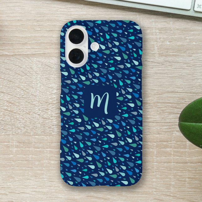 Funda iPhone 16 Monograma del personalizado de gotas de lluvia azu (Modern blue raindrops custom monogram iphone case)