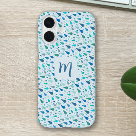 Funda iPhone 16 Monograma del personalizado de gotas de lluvia azu
