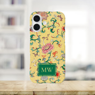 Funda iPhone 16 Monograma del Personalizado floral chino amarillo