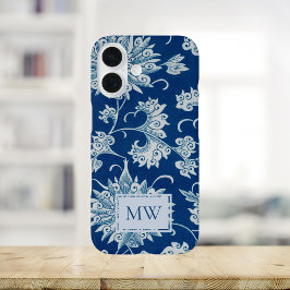 Funda iPhone 16 Monograma del Personalizado floral chino azul