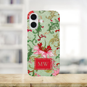 Funda iPhone 16 Monograma del Personalizado floral chino verde