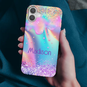Funda iPhone 16 Monograma del purpurina de goteo de unicornio holo