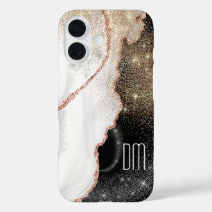 Funda iPhone 16 Monograma del Purpurina de mármol blanco de oro Ro