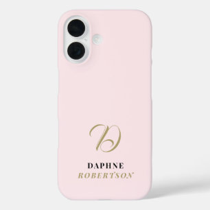 Funda iPhone 16 Monograma dorada inicial rosa pastel nombre negro