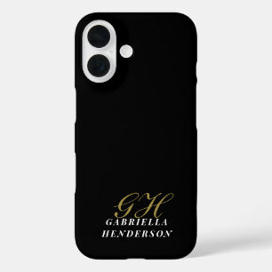 Funda iPhone 16 Monograma Dorado Negro Minimalista Nombre Elegante