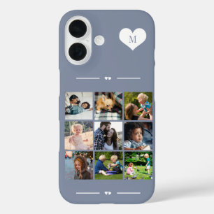 Funda iPhone 16 Monograma elegante 9 collage de fotos azul