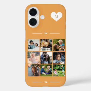 Funda iPhone 16 Monograma elegante 9 collage de fotos naranja