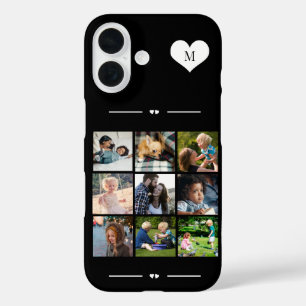 Funda iPhone 16 Monograma elegante 9 collage de fotos negro