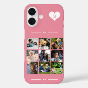 Funda iPhone 16 Monograma elegante 9 collage de fotos rosa