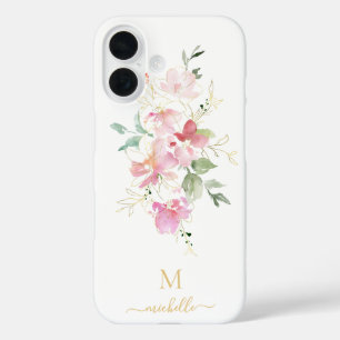 Funda iPhone 16 Monograma elegante floral rosa con letra dorada