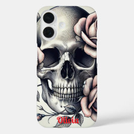 Funda iPhone 16 Monograma Elegante Floral Skeleton Roses rosados