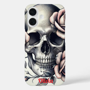 Funda iPhone 16 Monograma Elegante Floral Skeleton Roses rosados