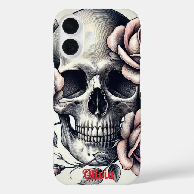 Funda iPhone 16 Monograma Elegante Floral Skeleton Roses rosados (Reverso )