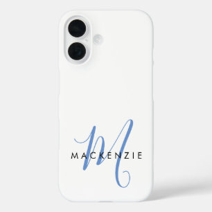 Funda iPhone 16 Monograma elegante moderno en blanco y azul con le