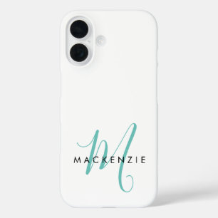 Funda iPhone 16 Monograma elegante moderno en blanco y verde azula
