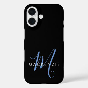 Funda iPhone 16 Monograma elegante moderno en negro y azul