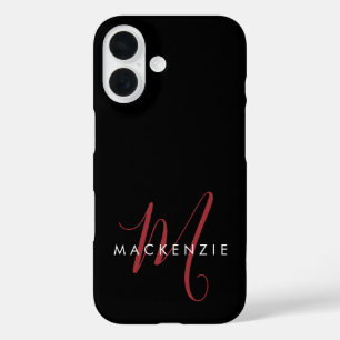 Funda iPhone 16 Monograma elegante moderno en negro y rojo