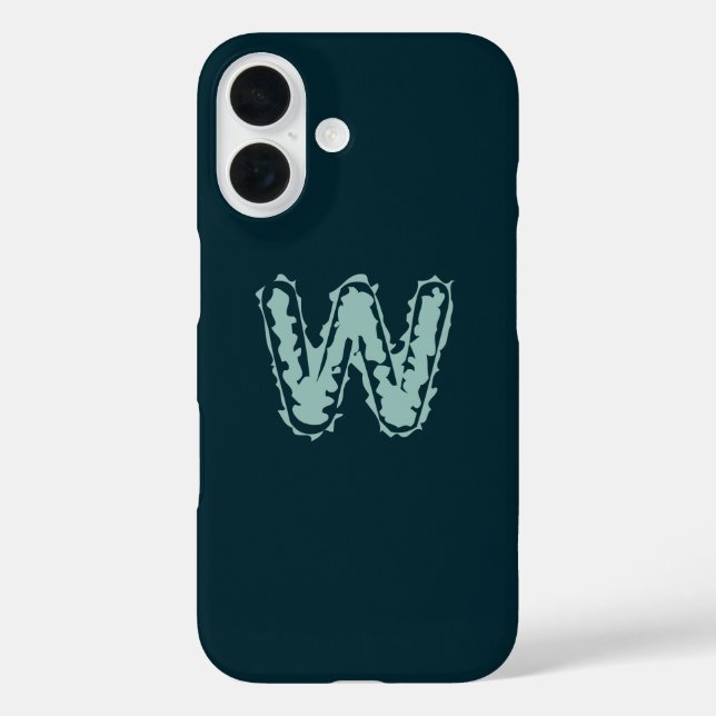 Funda iPhone 16 Monograma espeluznante verde en azul profundo (Reverso )