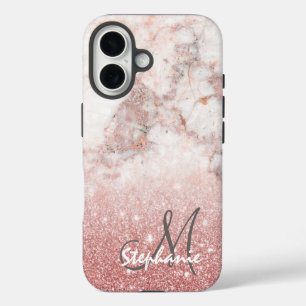 Funda iPhone 16 Monograma Faux Rosa Oro Purpurina Mármol Blanco Om