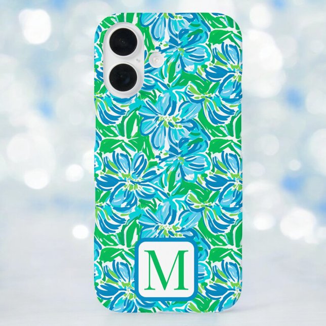 Funda iPhone 16 Monograma floral azul elegante (Subido por el creador)
